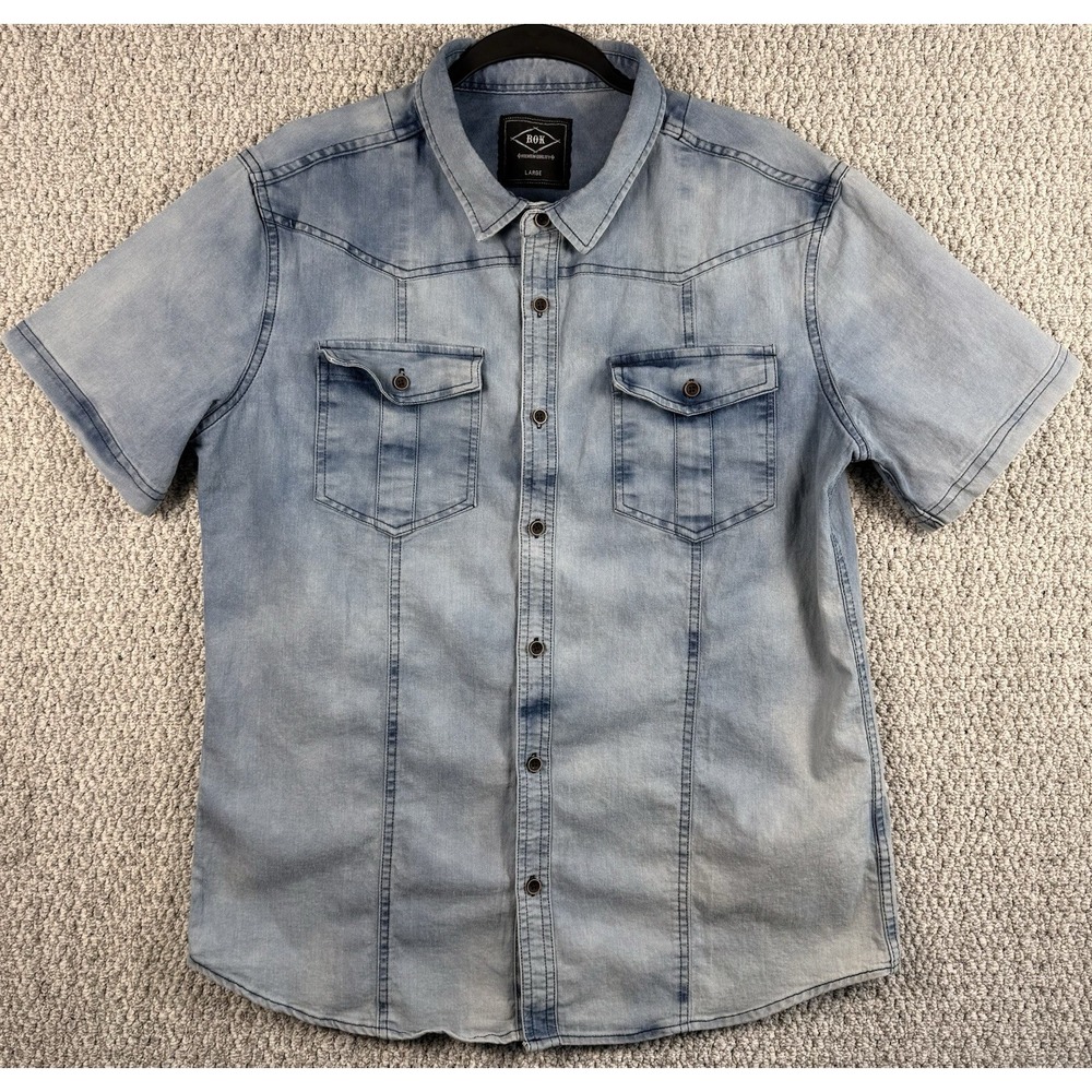 Men's Western Denim Chambray Shirt Large Faded Blue Y2K Dad Core Cowboy